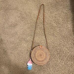 Round Woven Tan Crossbody Bag with Tassels